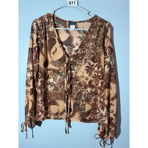 Vixen Womens Sheer Paisley Tie Front Blouse Brown Tan V-Neck Top Medium BT4487